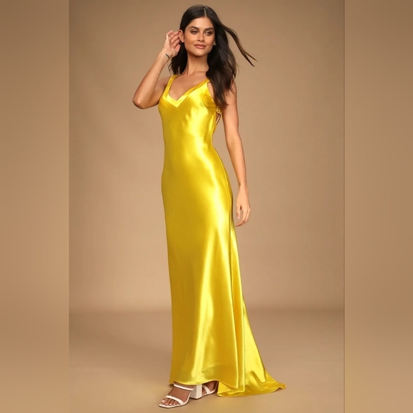 Lulus Perfectly Classy Yellow Satin Strappy Maxi Dress Wedding Party Formal - Picture 2 of 9